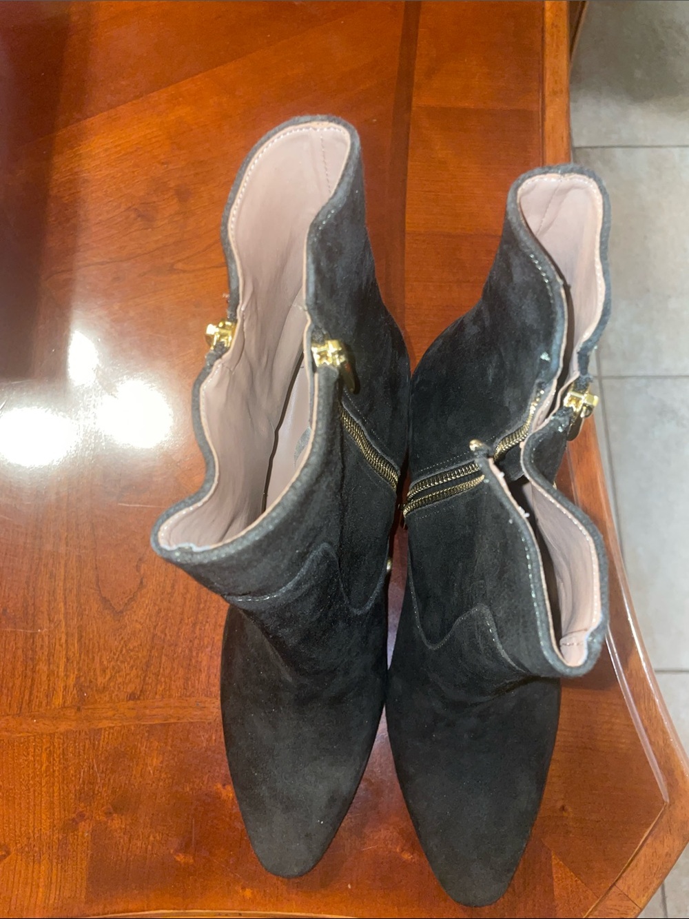 AEROSOLES Black Suede Pointed Ankle Booties with Gold Zipper Detail
